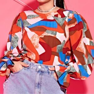 Orange and Blue Graphic Flutter Sleeve Blouse